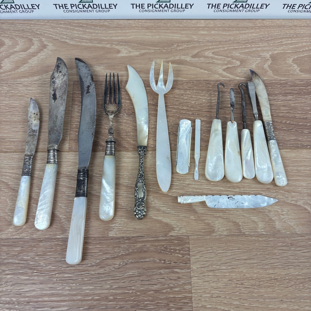 Antique Mother of Pearl MOP Handle Flatware Vanity Set Button Hook Knife Lot